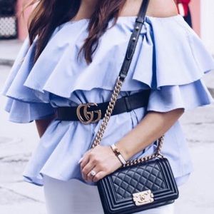 OFF-THE-SHOULDER BLUE RUFFLE TOP BLOUSE